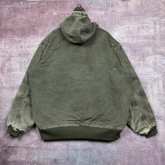 90s Faded Olive Green Carhartt Hooded Active Work Jacket XXL 2401