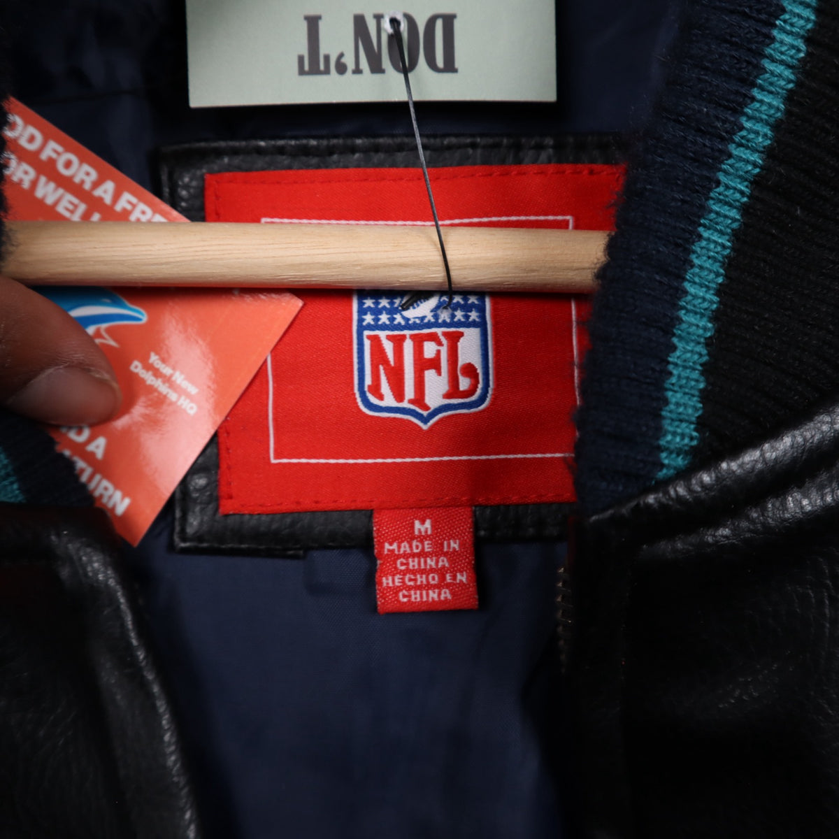 00s Black Miami Dolphins Faux Leather Bomber Jacket 6520