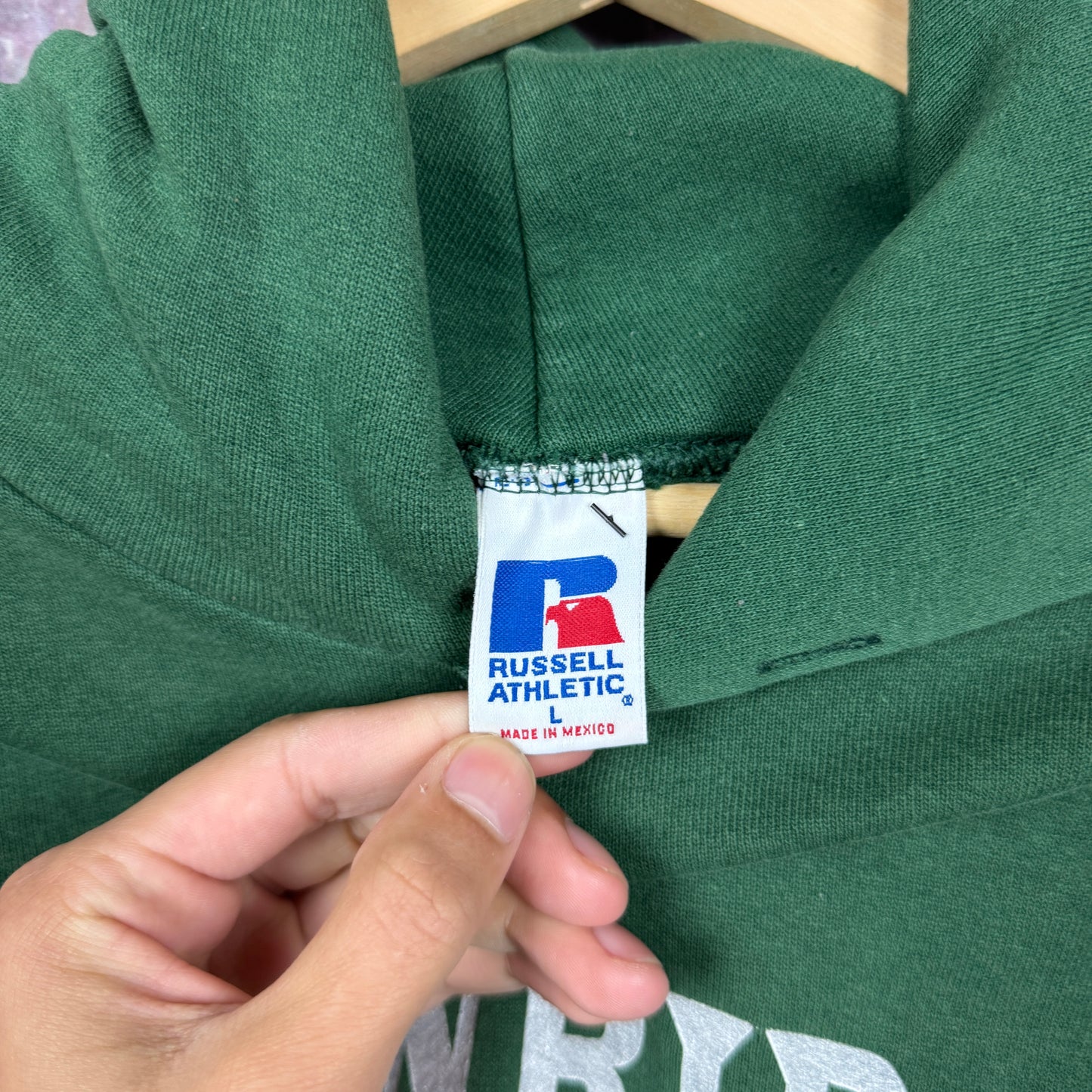 90s Green Russell Athletic Pennridge Football Helmet Graphic Hoodie L 1951