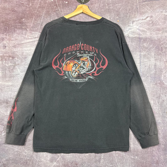 00s Faded Black Orange County Choppers Flame Sleeve Shirt 3048