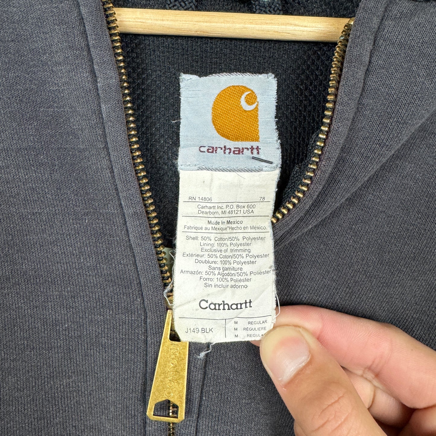 Early 00s Faded Black Carhartt Essential Logo Thermal Lined Zip Up Hoodie L 1716