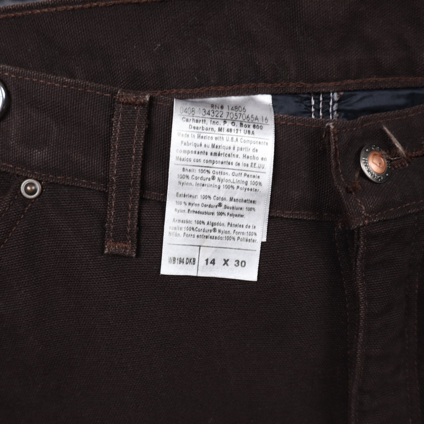 00s Dark Brown Carhartt Quilt Lined Double Knee Carpenter Work Pants 5002