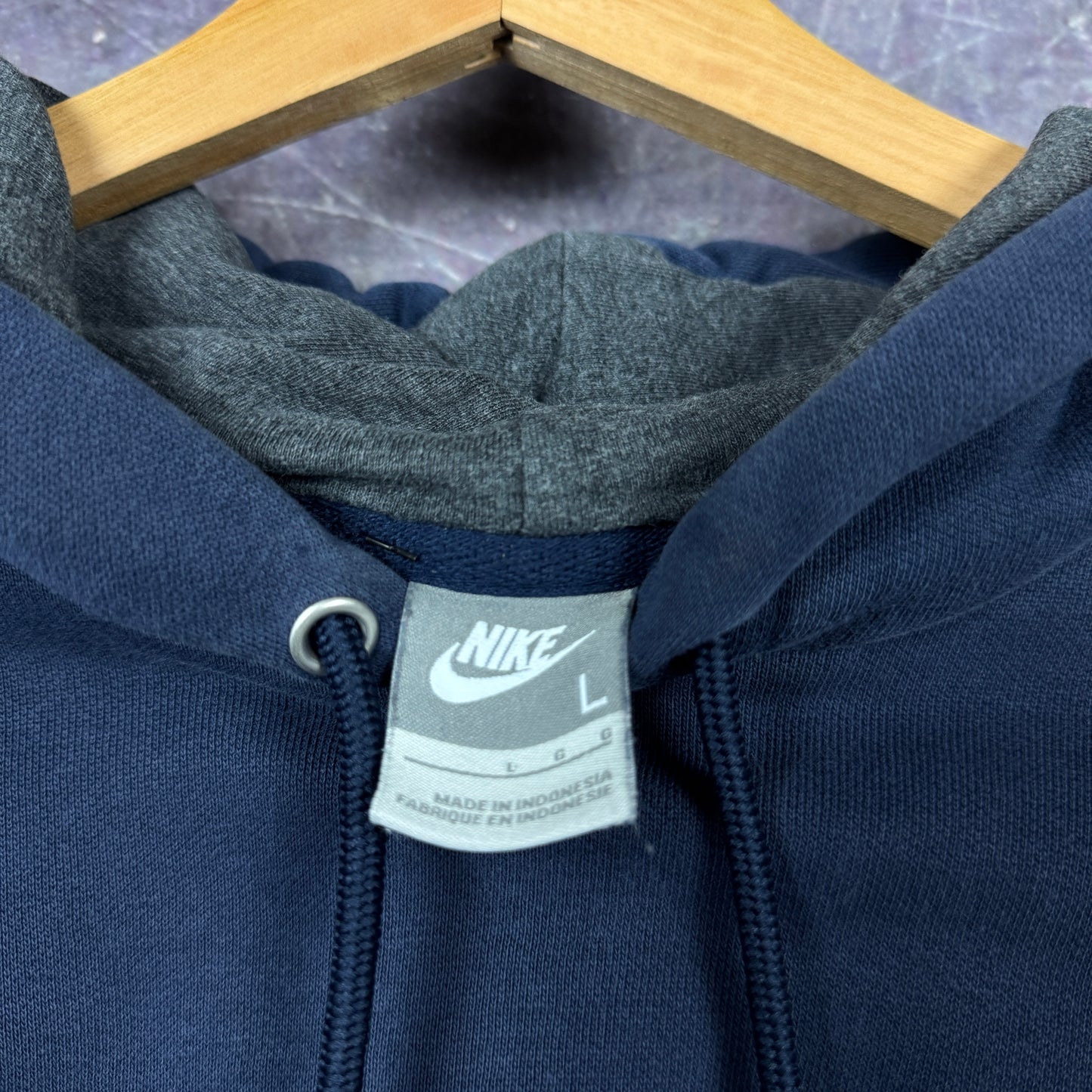 Early 00s Navy Blue Nike Mini Swoosh Essential Logo Hoodie L 0009