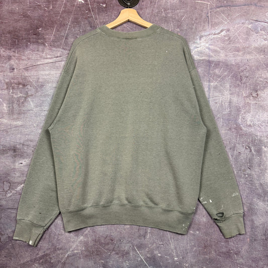 90s Faded Olive Green Blank Painter Crewneck Sweatshirt L 2695