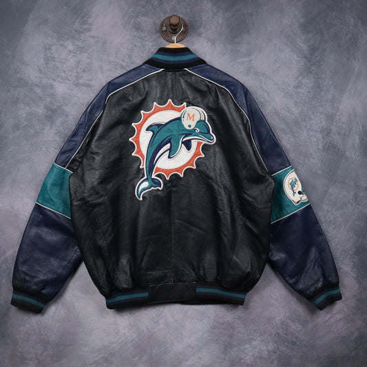 90s Black Miami Dolphins Leather Varsity Jacket 6519