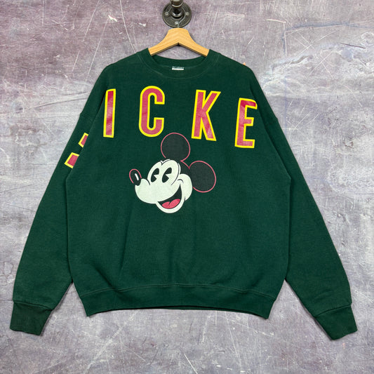 90s Green Mickey Mouse Spellout Big Graphic Crewneck Sweatshirt L 1963