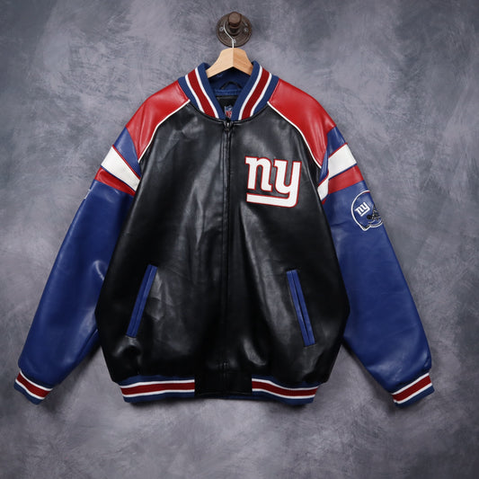 00s Black New York Giants Faux Leather Varsity Jacket 6507
