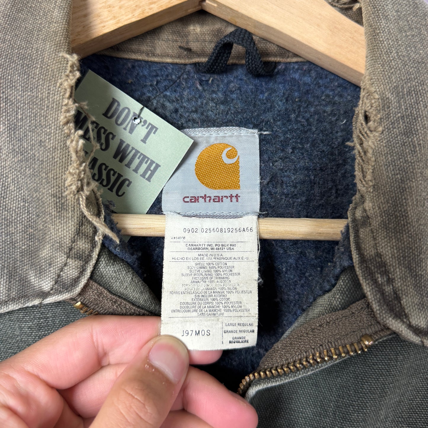 90s Faded Olive Green Carhartt Detroit Work Jacket L J97MOS 2300