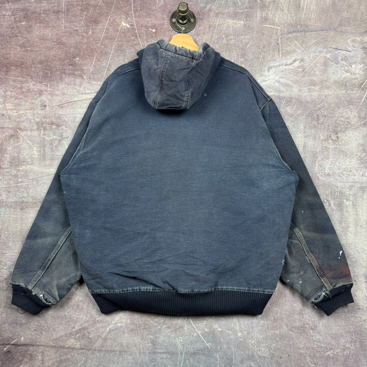 90s Navy Blue Thrashed Carhartt Hooded Active Work Jacket XXL 2389