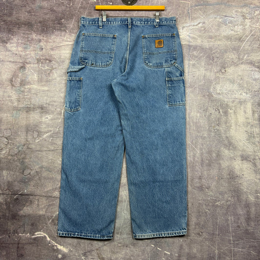 90s Lightwash Denim Double Knee Carhartt Baggy Carpenter Work Jeans 37x29.5 BD85