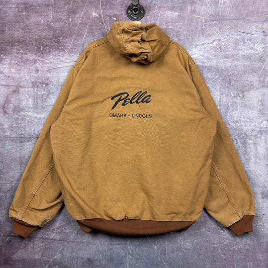 90s Tan Brown Carhartt Pella Embroidered Hooded Active Work Jacket XXL 2360