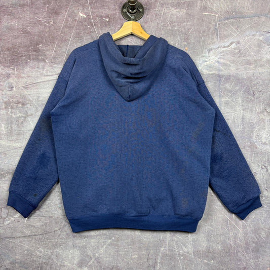 70s Faded Blue Thermal Lined Blank Essential Zip Up Hoodie Boxy L 1985