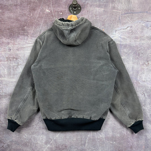 90s Faded Black Carhartt Hooded Active Work Jacket M 2377