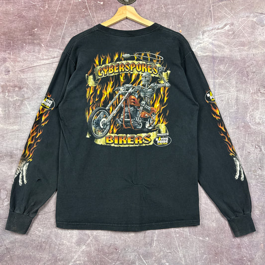 00s Black Cyberspokes Biker Flame Sleeve Shirt 3054