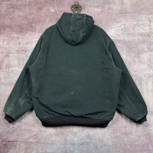 90s Faded Black Carhartt Dekalb Embroidered Hooded Active Work Jacket XL 2379