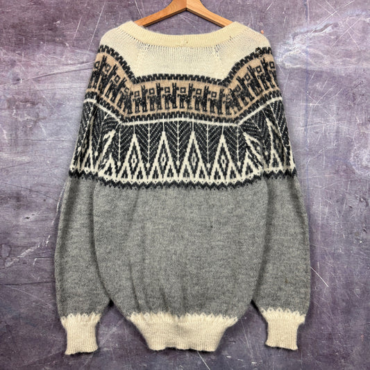 70s Tan Gray Pattern Mohair Blend Cardigan Sweater S 1884