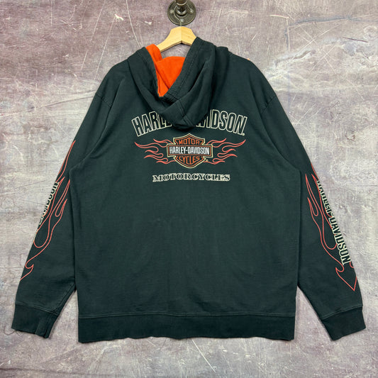 Early 00s Faded Black Harley Davidson Flame Sleeve Zip Up Hoodie XL 1966