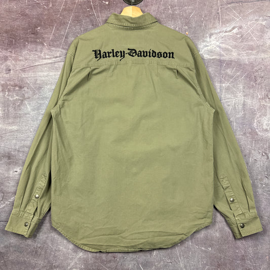 90s Olive Green Harley Davidson Long Sleeve Button Up Shirt 3068