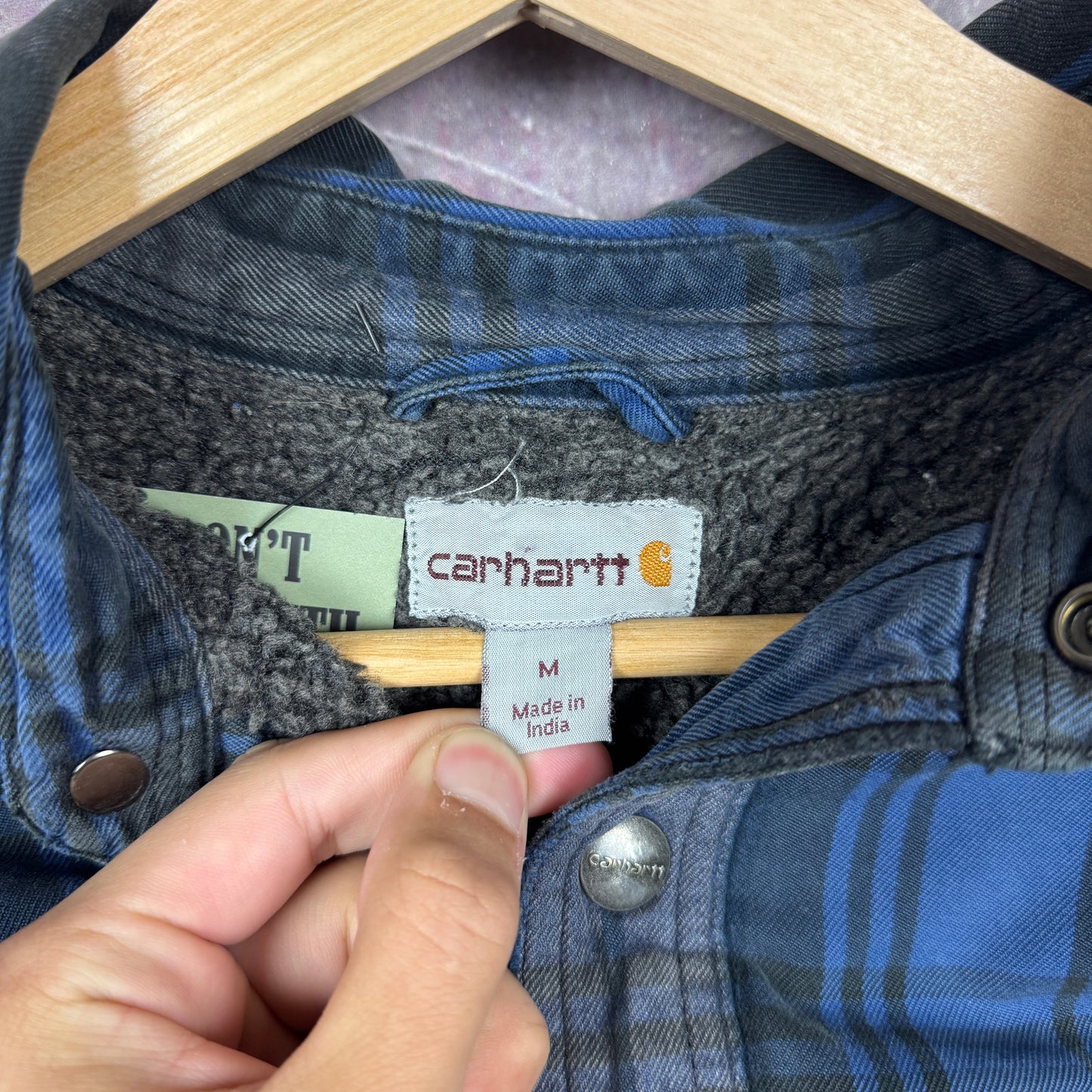 Early 00s Black Blue Carhartt Sherpa Lined Button Up Flannel Jacket L 2317