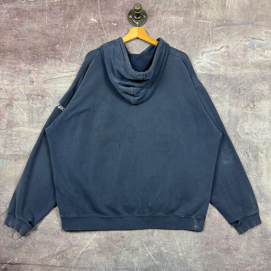 90s Navy Blue Asics Sleeve Logo Blank Essential Hoodie XL 1857