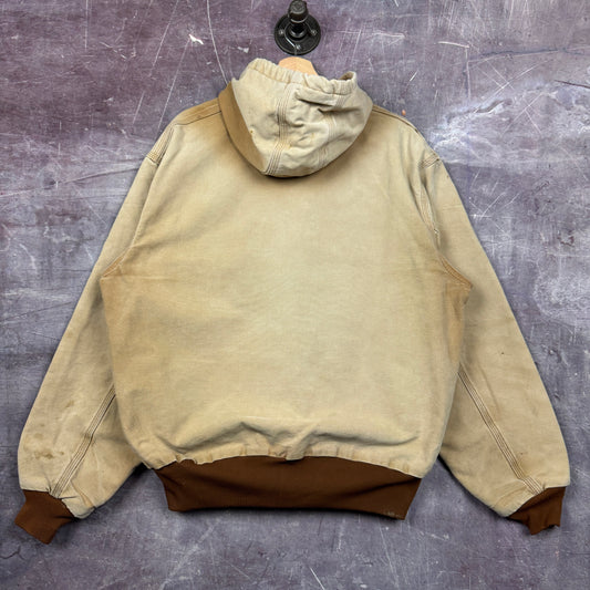 90s Tan Brown Carhartt Embroidered Hooded Active Work Jacket XL 2350