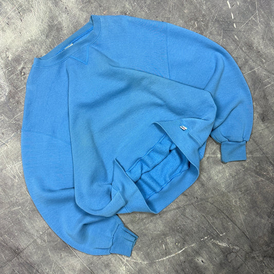 90s Baby Blue Russell Athletic Blank Essential Crewneck Sweatshirt Boxy L J28