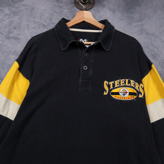 90s Black Pittsburgh Steelers Long Sleeve Polo Shirt 6786