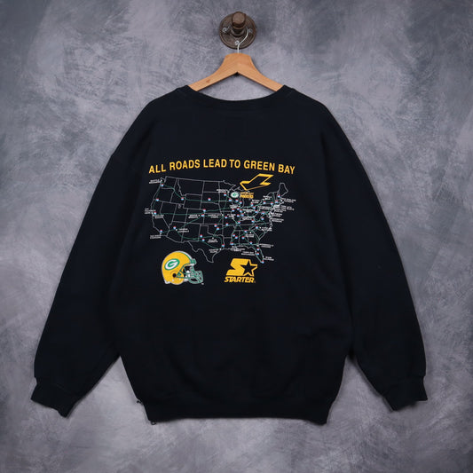 90s Black Green Bay Packers Leader Of The Pack Starter Crewneck Sweatshirt 6489