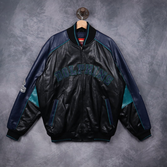 00s Black Miami Dolphins Faux Leather Bomber Jacket 6520