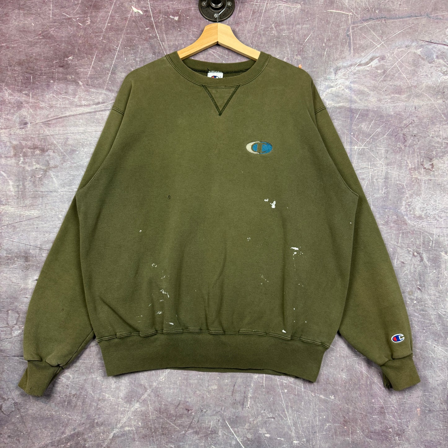 90s Faded Olive Green Champion Embroidered Logo Painter Crewneck Sweatshirt L 2691