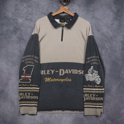 Early 00s Tan & Grey Harley Davidson Quarter Zip Long Sleeve 5141