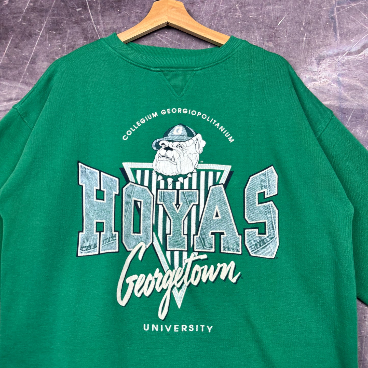 90s Green Georgetown Hoyas Bulldog Graphic Logo Crewneck Sweatshirt L 0089