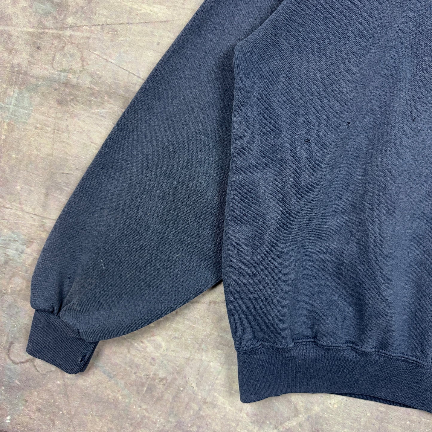 90s Faded Navy Blue Russell Athletic Essential Logo Spellout Repaired Graphic Crewneck Sweatshirt XL 1238