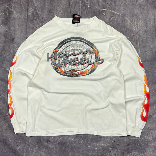 2003 White Hell On Wheels Harley Davidson Motorcycle Flame Sleeve Graphic Long Sleeve Shirt M D80