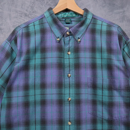 90s Green Purple Knights of Round Table Shadow Plaid Short Sleeve Button Up Shirt 5478