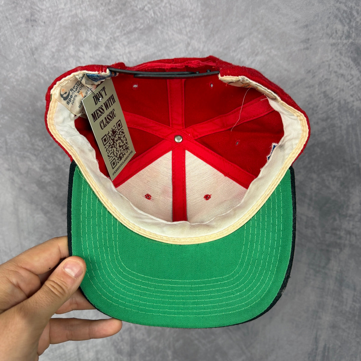 90s Red San Francisco 49ers Sports Specialties Script Snapback Hat 6800