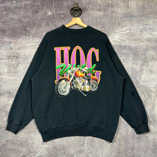 90s Faded Black Hog Wild Motorcycle Graphic Crewneck Sweatshirt L 0025