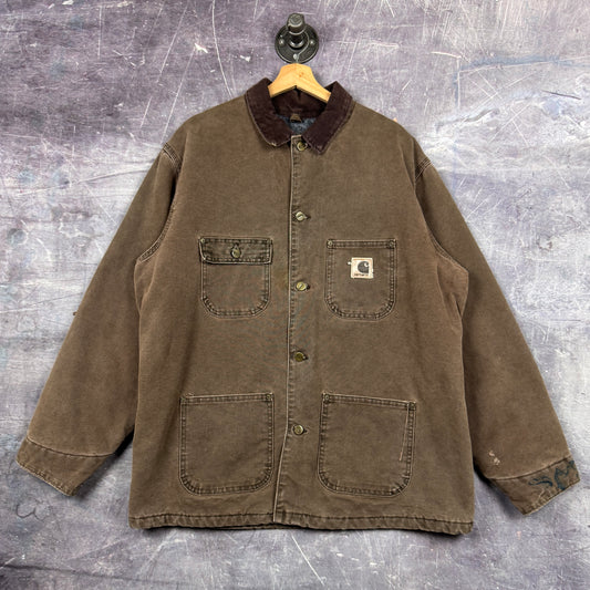 90s Mocha Brown Carhartt Blanket Lined Chore Coat Barn Jacket CO2 CHT L 0307