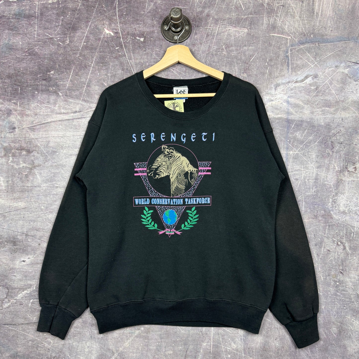 90s Black Serengeti World Conservation Graphic Crewneck Sweatshirt M 0038