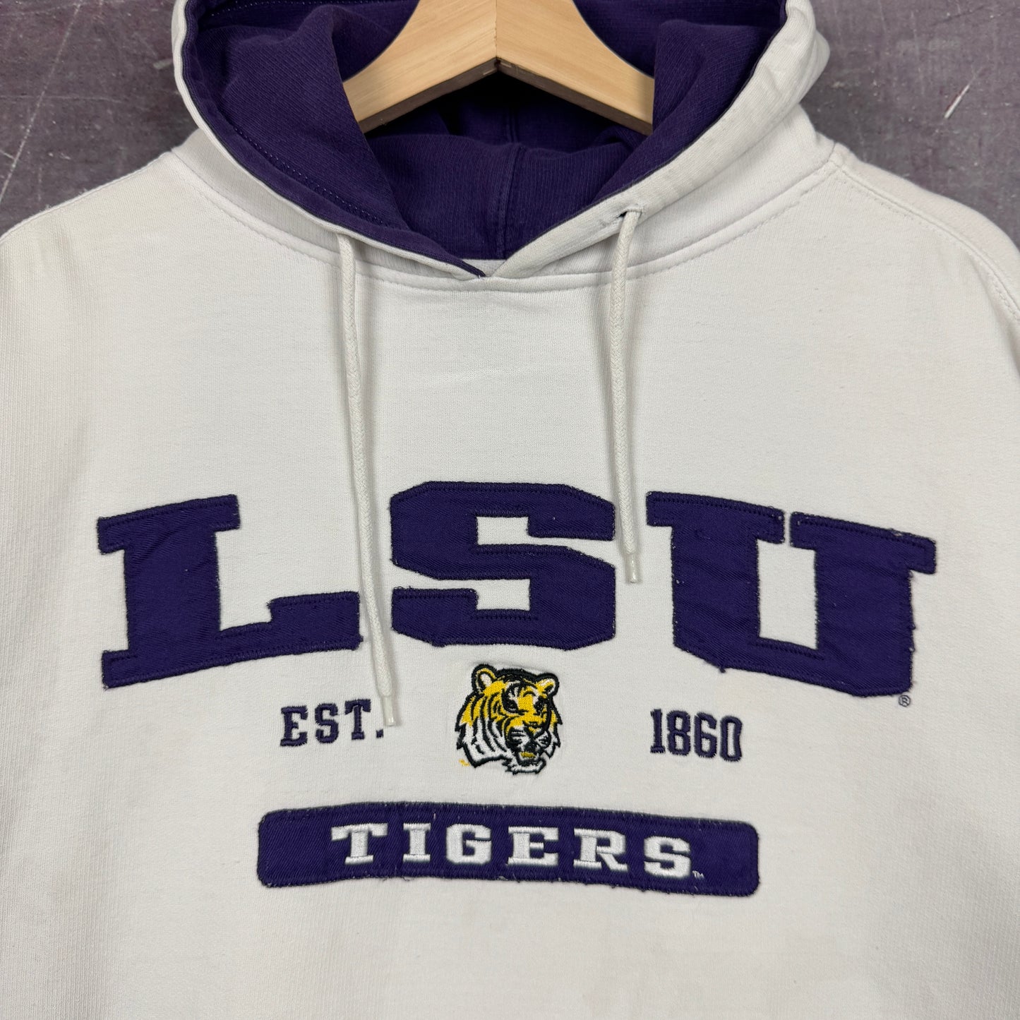 Early 00s White Purple Starter LSU Tigers Graphic Hoodie L 1197