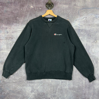 90s Faded Black Champion Essential Logo Spellout Crewneck Sweatshirt M 1279