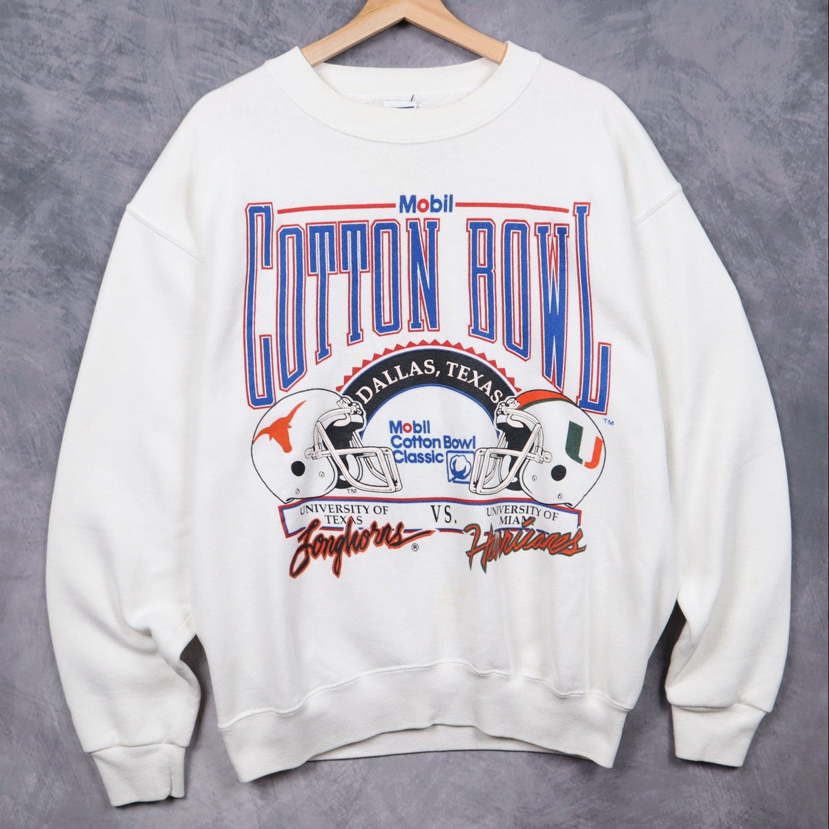 90s White Mobil Cotton Bowl Texas vs Miami Crewneck Sweatshirt 5694