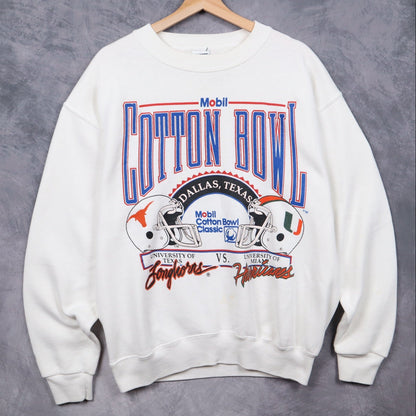90s White Mobil Cotton Bowl Texas vs Miami Crewneck Sweatshirt 5694