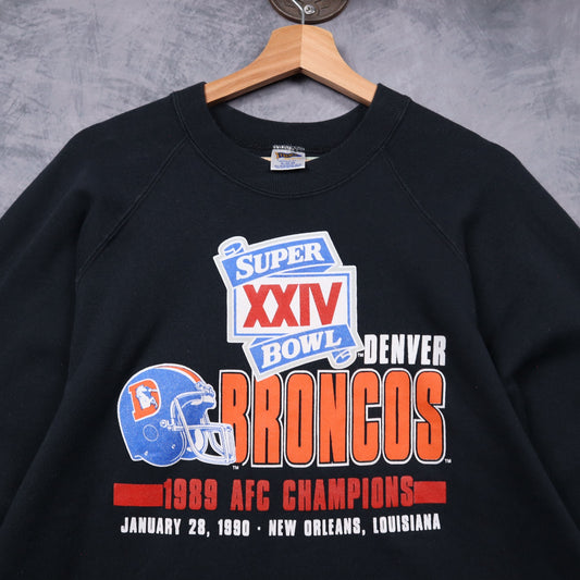 1990 Black Denver Broncos Super Bowl XXIV Crewneck Sweatshirt 6783