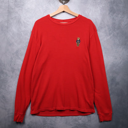 00s Red Polo Ralph Lauren Bear Waffle Knit Long Sleeve Shirt 4721