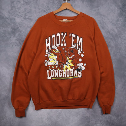 90s Burnt Orange Texas Longhorns Hook 'Em Crewneck Sweatshirt 5714