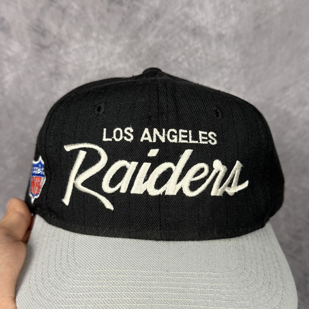 90s Black Los Angeles Raiders Sports Specialties Single Line Script Snapback Hat 6839
