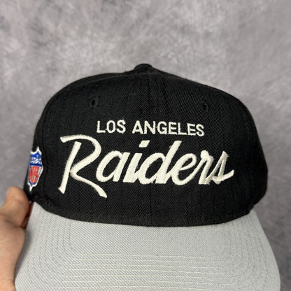 90s Black Los Angeles Raiders Sports Specialties Single Line Script Snapback Hat 6839
