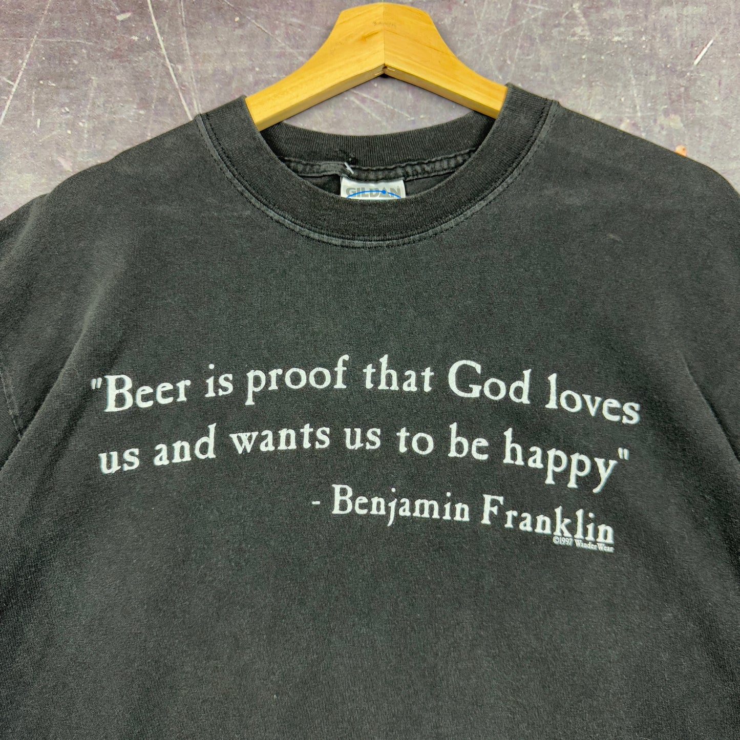 90s Faded Black Beer Is Proof That God Loves Us And Wants Us To Be Happy Text Graphic Shirt L 1132