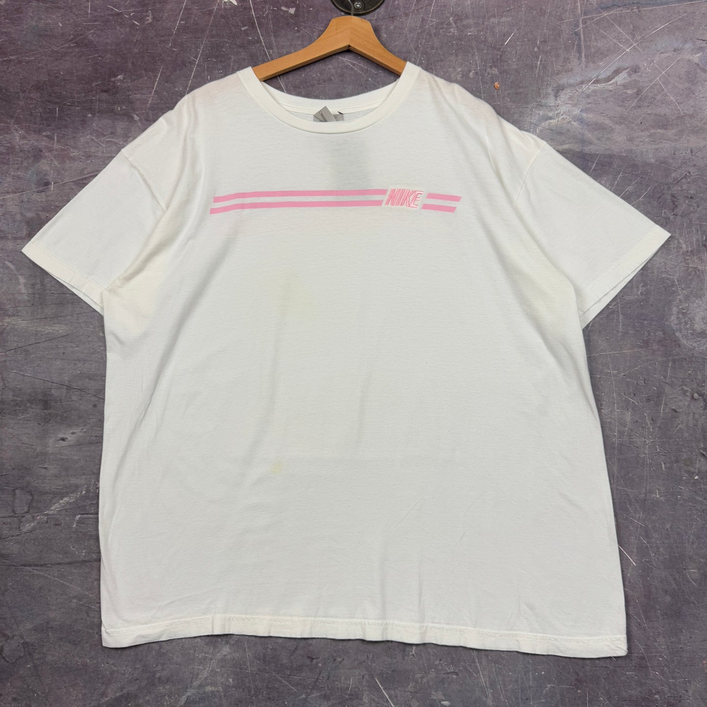 Early 00s White Pink Striped Nike Essential Spellout Logo Graphic Shirt XXL 1012